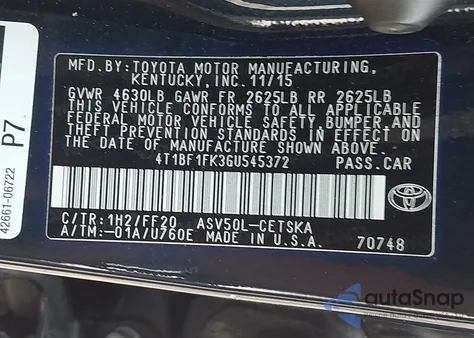 2016 Toyota Camry Se from USA, damaged, VIN 4T1BF1FK3GU545372
